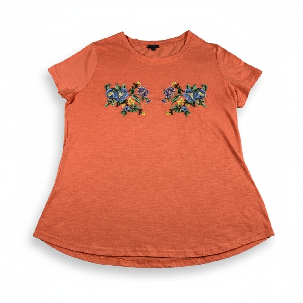 HANNAH Womens Floral Embroidered Short Sleeve T-Shirt Orange‎ Size Large Casual